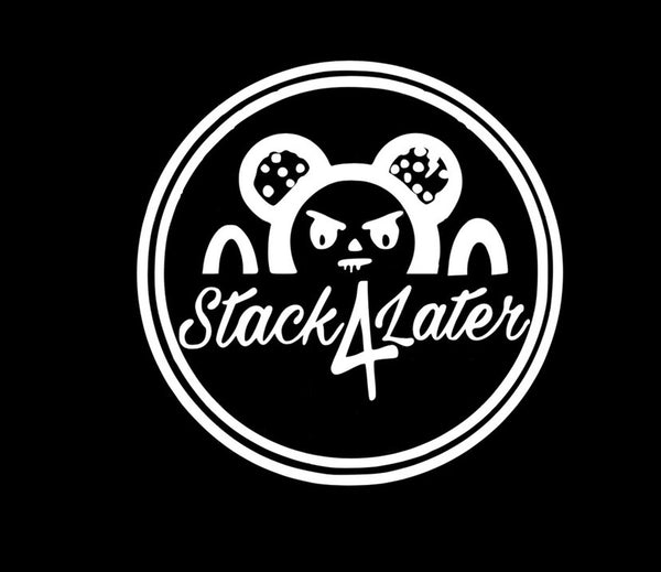 Stack4Later Logo, 2 circles around a a customized logo (similar bear look alike) Lightening Bolt On the right ear, two eyes, with a triangle nose and a straight line for aa mouth, with spit coming out. "Stack4Later" words.